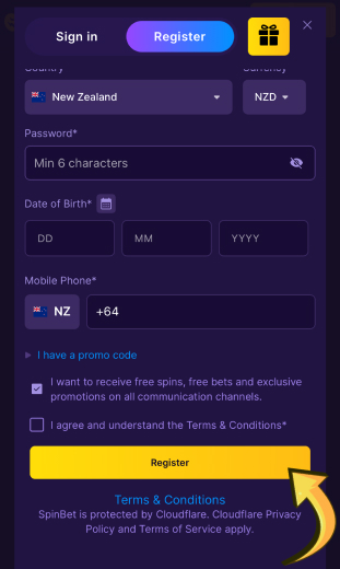 Click on “Register” to complete your registration with SpinBet New Zealand