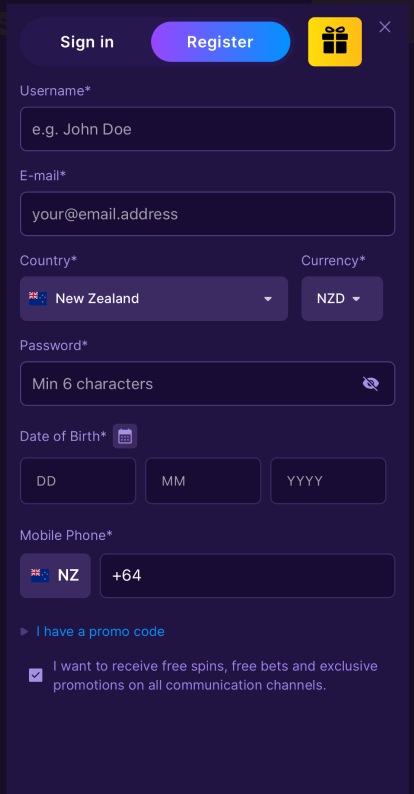Screenshot of SpinBet App: Registration process